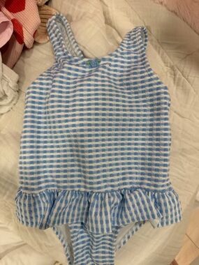 Zara Blue and White Seersucker Swimsuit with Embroidered Rose